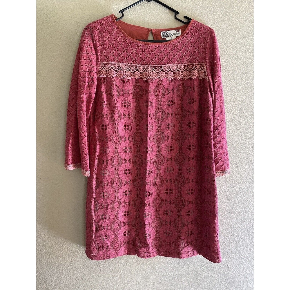 Anthropologie Dress Size M Flying Tomato Pink Lined Lace Boho Knee Length Dress